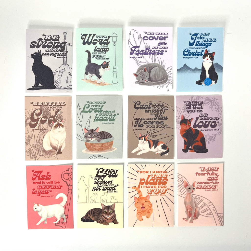 Flat lay top-down photo of a 12-pack cat sticker set with cute cat designs on a white background.