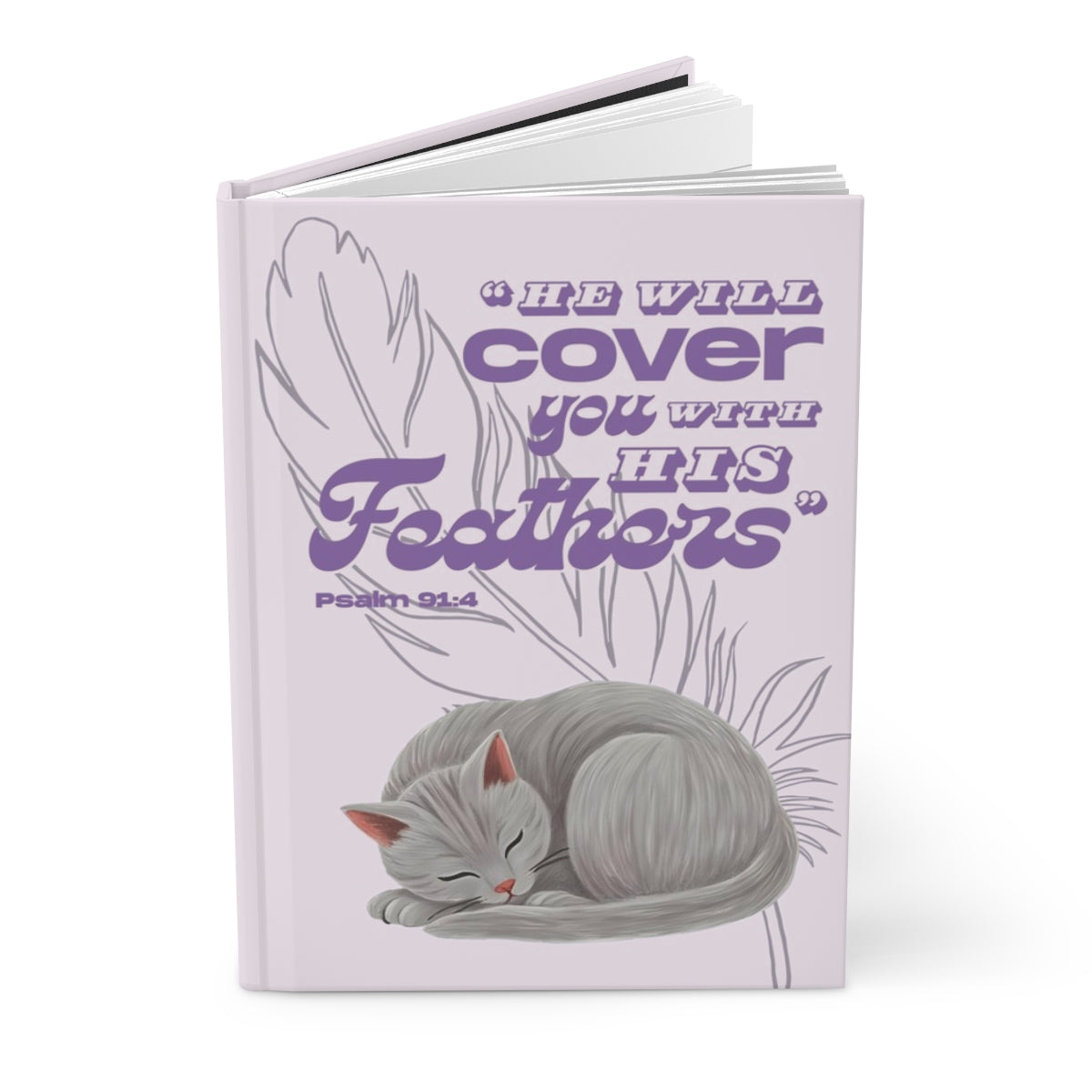 Notebook with a cat illustration and text on a white background
