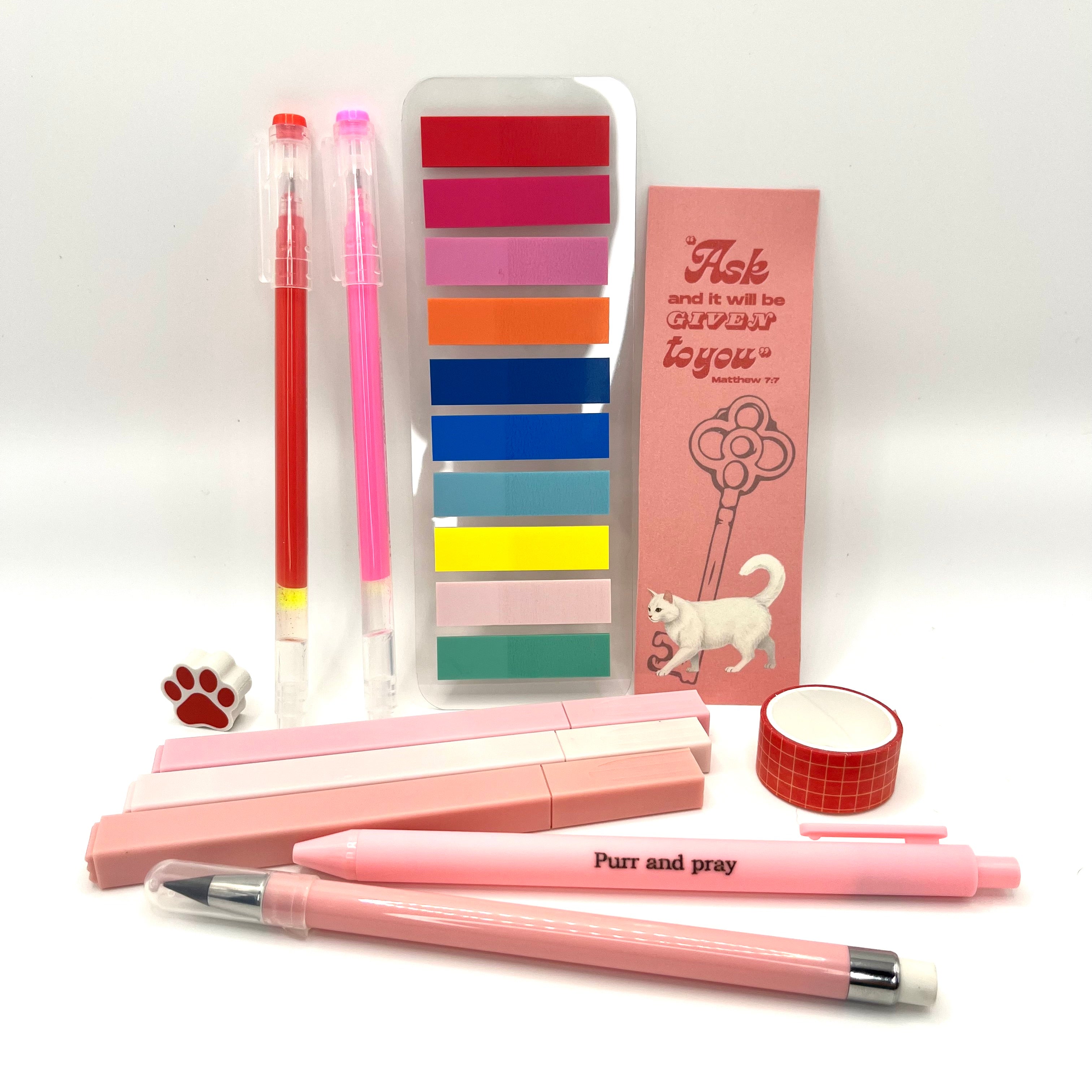 Christian stationery set including highlighters, gel pens, everlasting pencil, sticky notes, washi tape, bookmark, and eraser arranged neatly in hot pink color palette.
