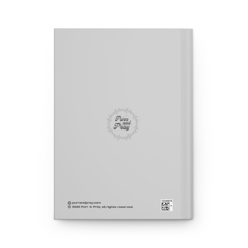 Back cover of A5 Christian journal with a black cat design created by Purr and Pray.