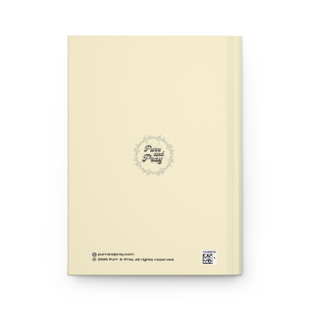 Back cover of A5 Christian journal with a brown tabby cat design created by Purr and Pray.
