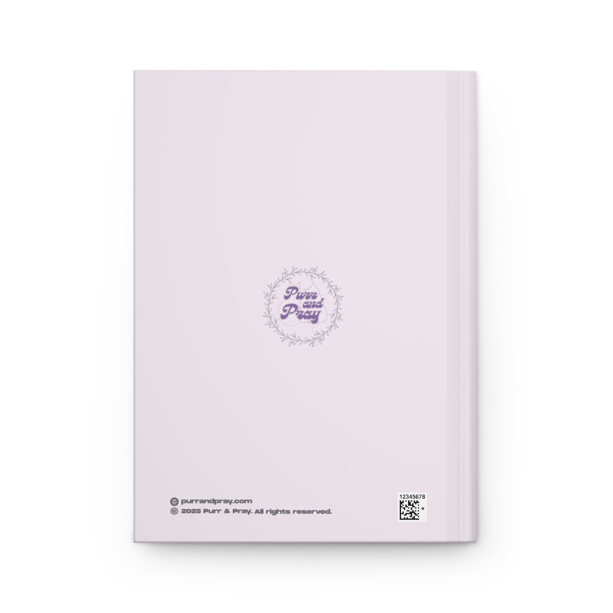 Back cover of A5 Christian journal with a gray cat design created by Purr and Pray.