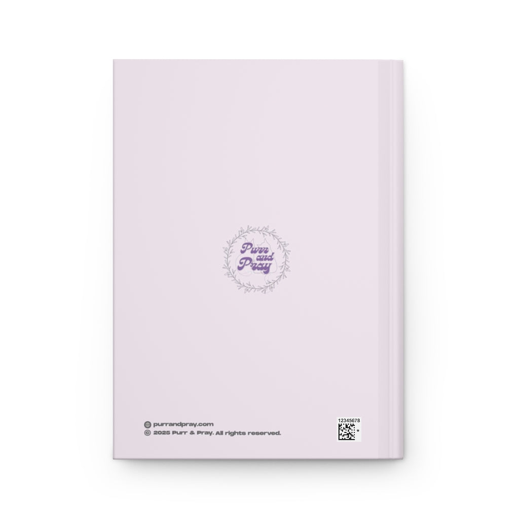 Back cover of A5 Christian journal with a gray cat design created by Purr and Pray.