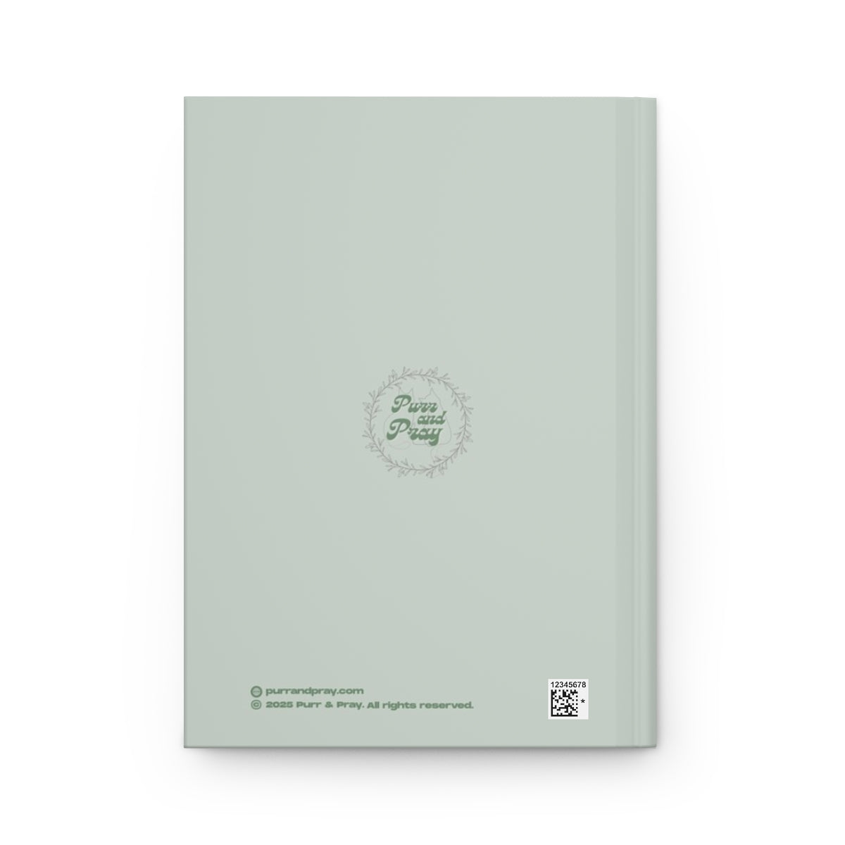 Back cover of A5 Christian journal with gray tabby cat design created by Purr and Pray.