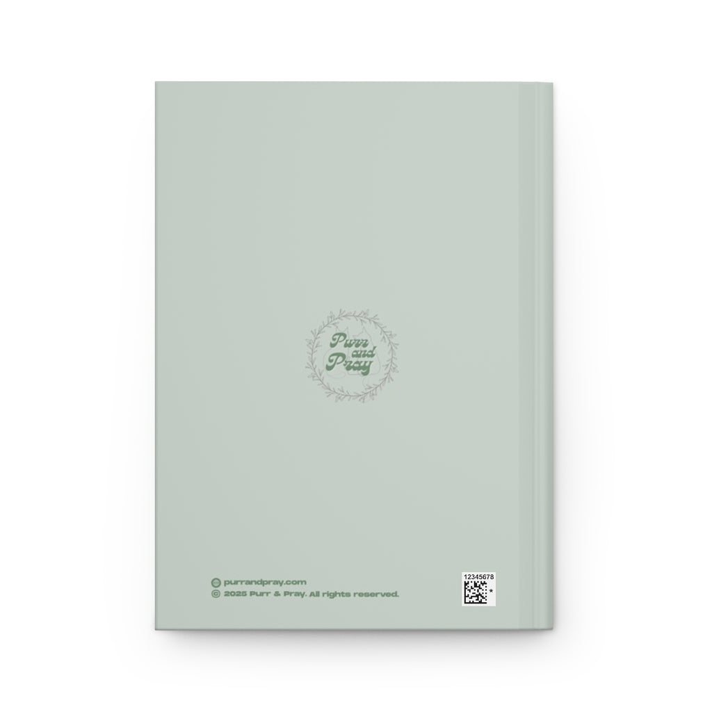 Back cover of A5 Christian journal with gray tabby cat design created by Purr and Pray.