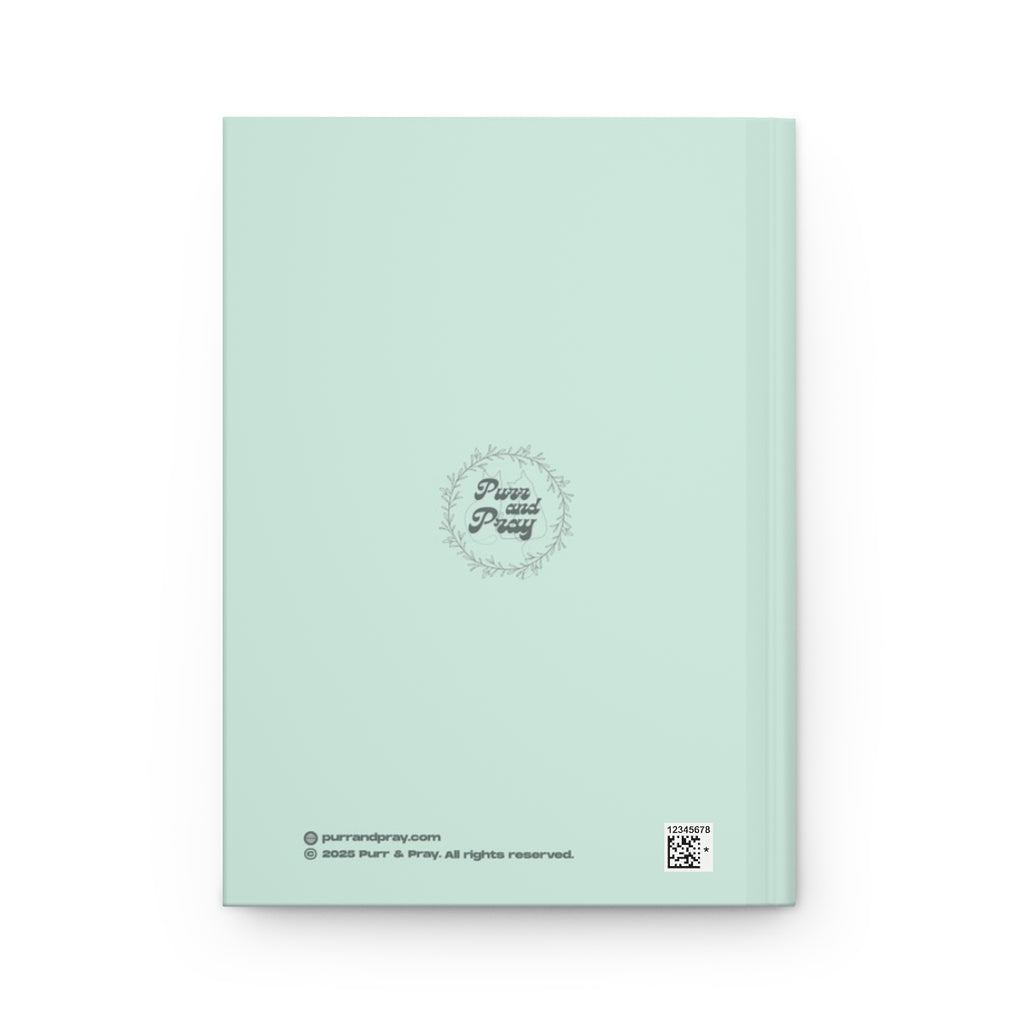 Back cover of A5 Christian journal with a gray tuxedo cat design created by Purr and Pray.