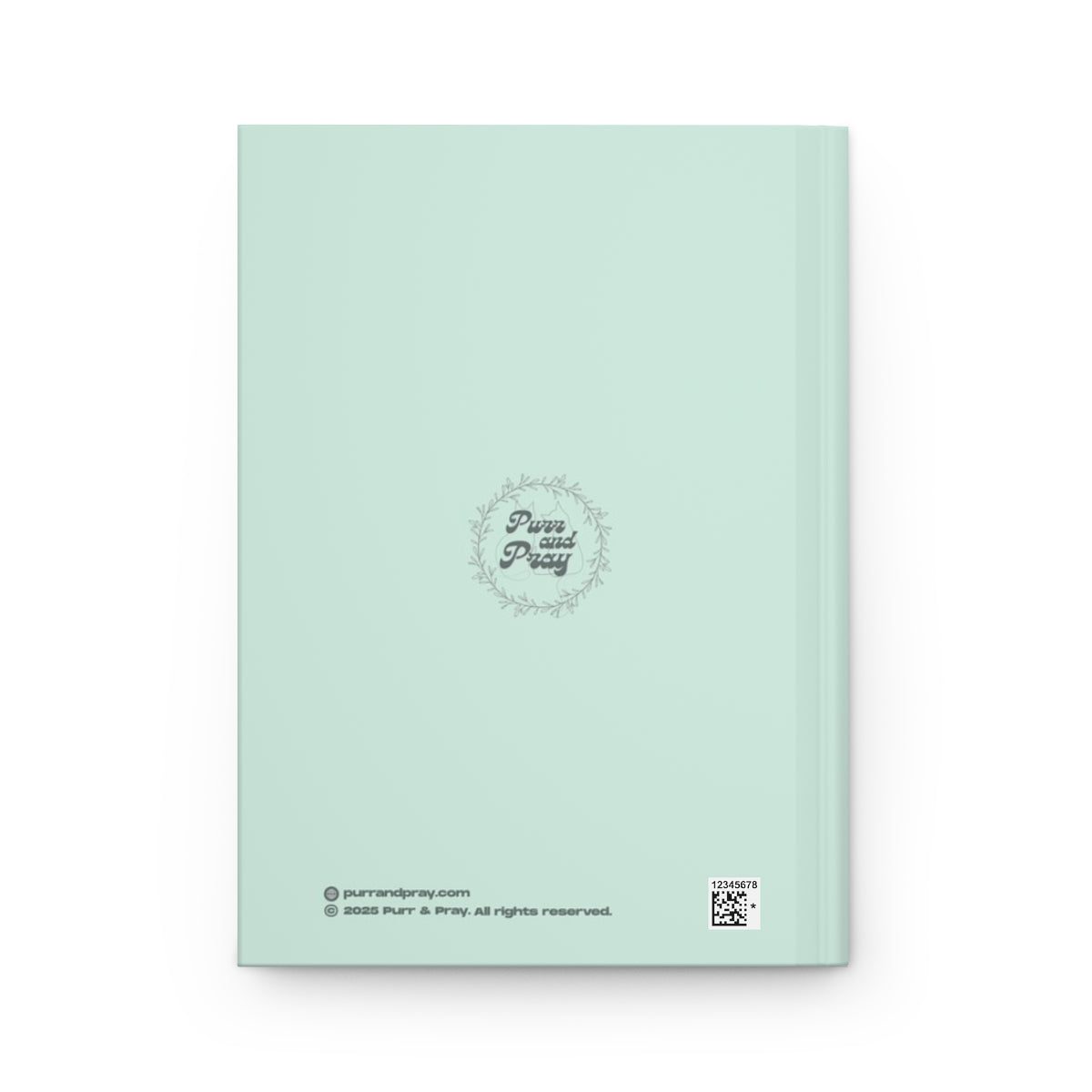 Back cover of A5 Christian journal with a gray tuxedo cat design created by Purr and Pray.