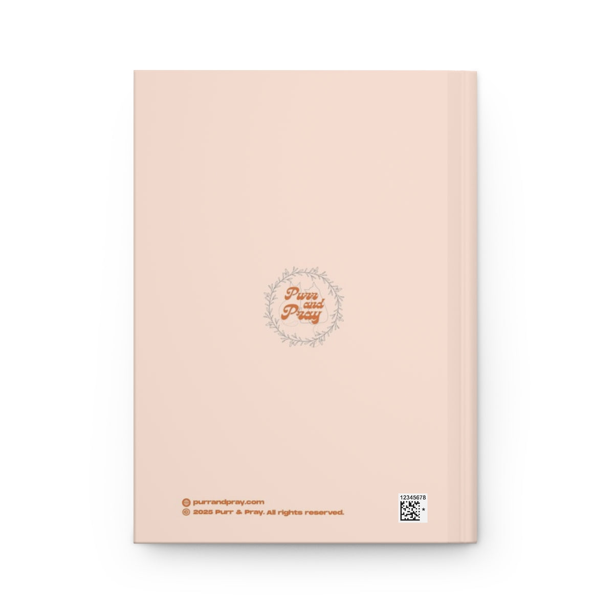 Back cover of A5 Christian journal with orange tabby cat design created by Purr and Pray.