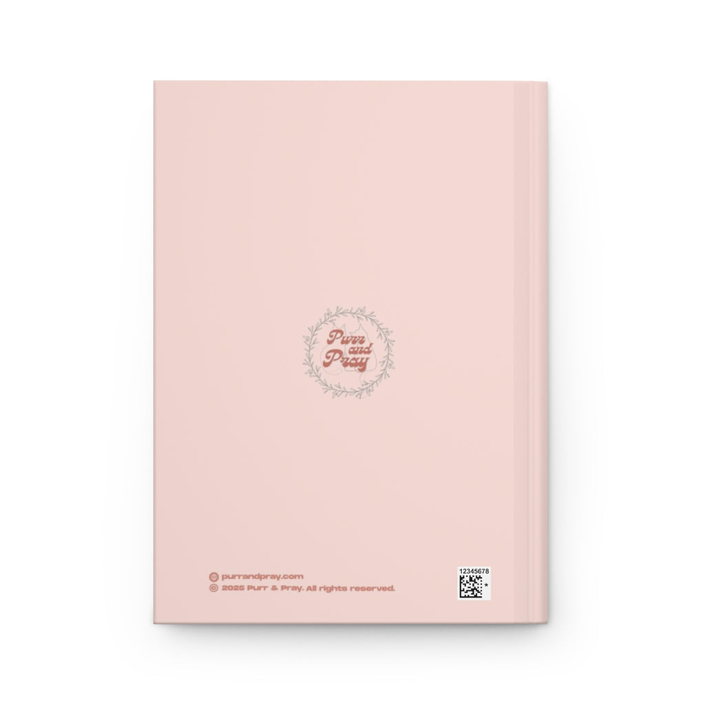 Back cover of A5 Christian journal with a sphynx cat design created by Purr and Pray.