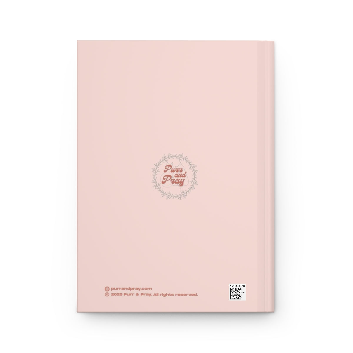 Back cover of A5 Christian journal with a sphynx cat design created by Purr and Pray.