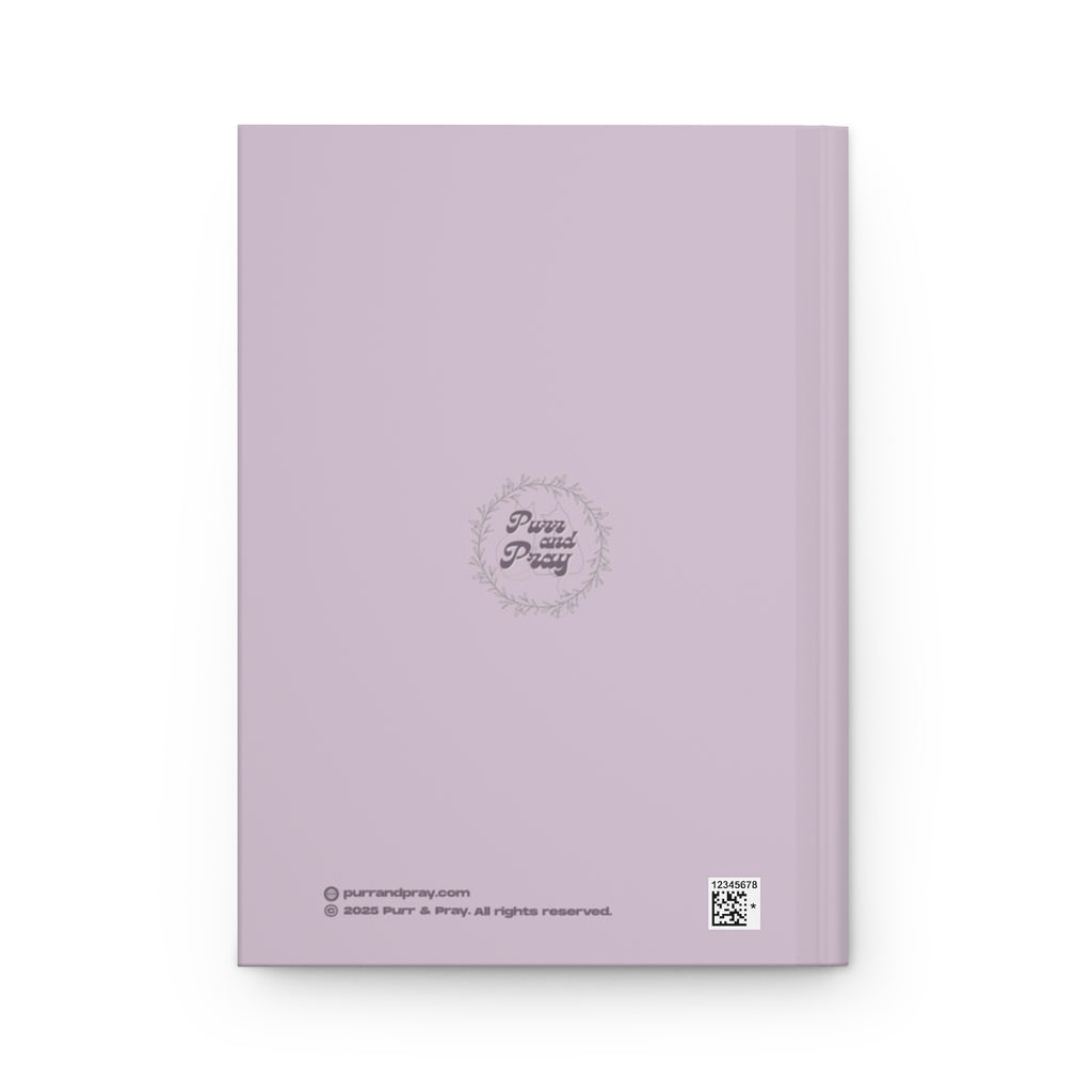 Back cover of A5 Christian journal with tortoiseshell cat design created by Purr and Pray.