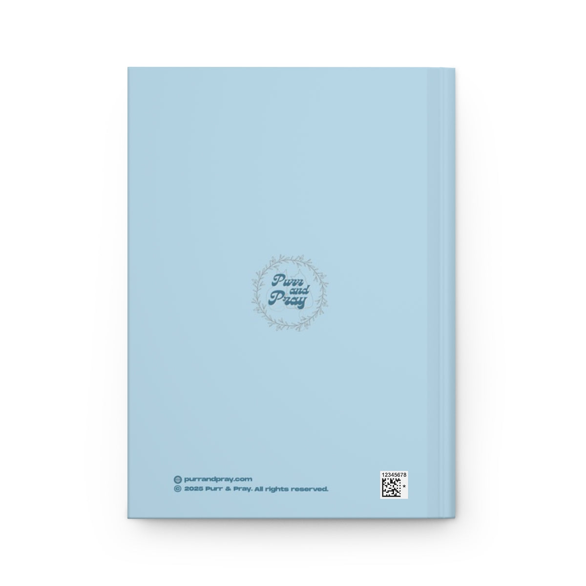 Back cover of A5 Christian journal with a tuxedo cat design created by Purr and Pray.