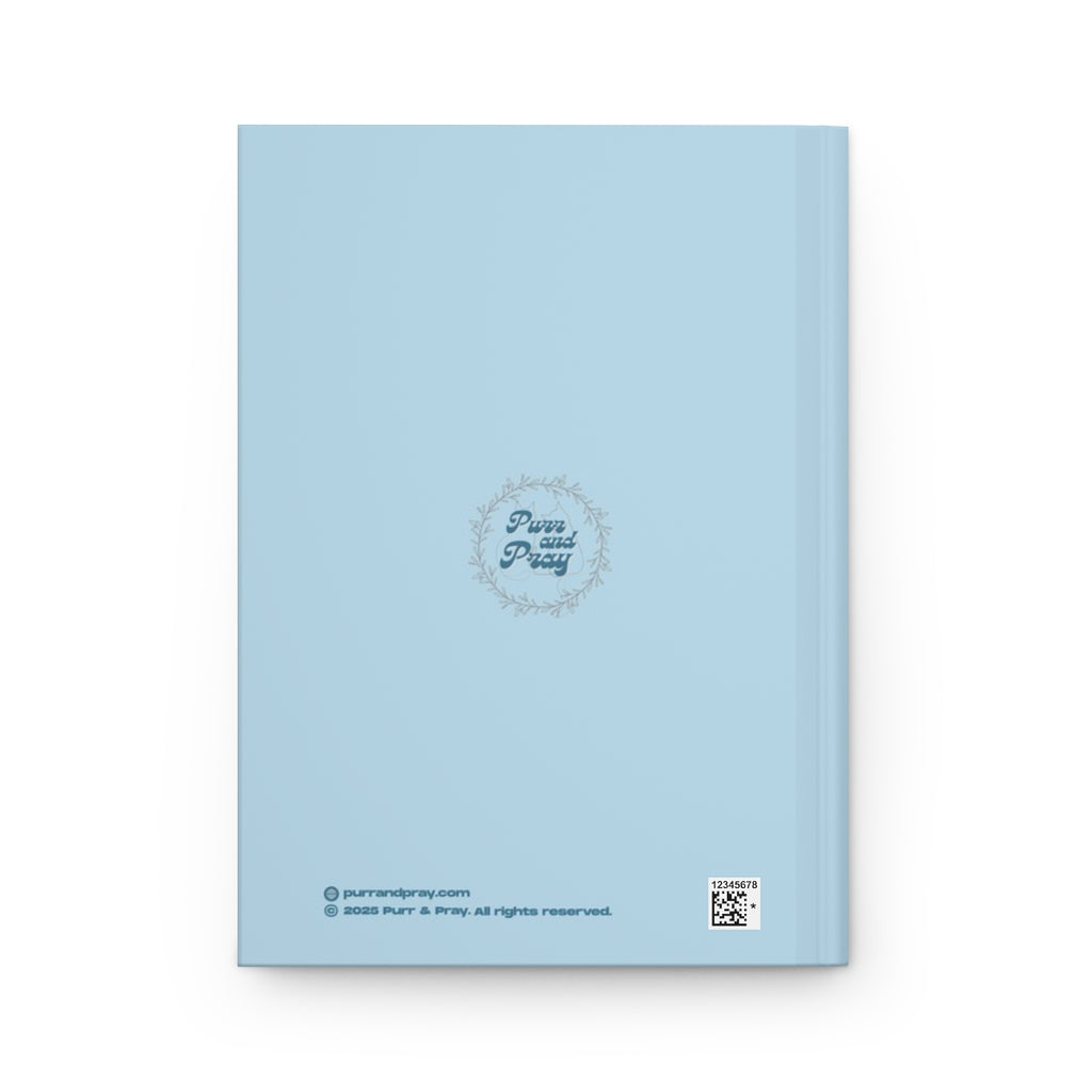 Back cover of A5 Christian journal with a tuxedo cat design created by Purr and Pray.