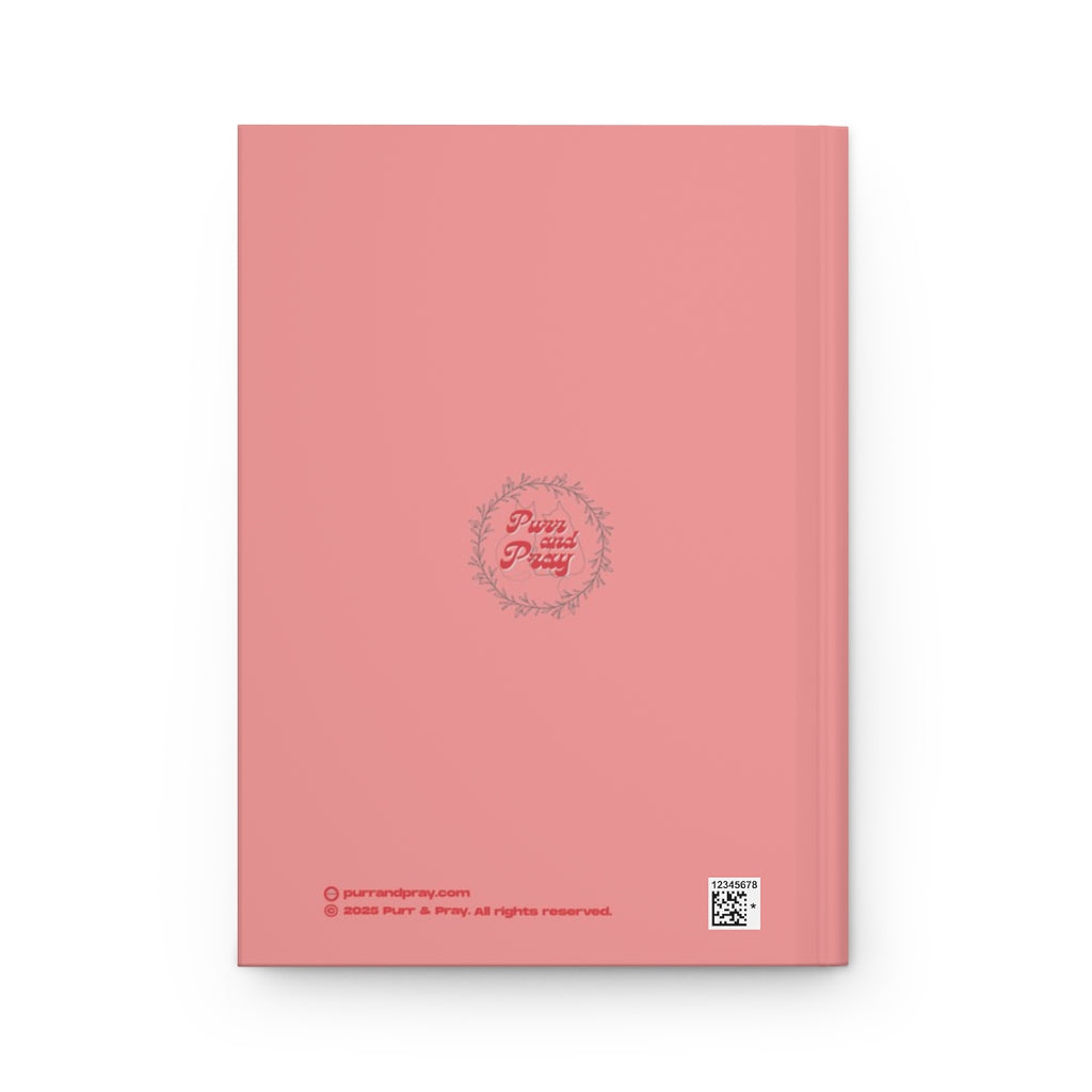 Back cover of A5 Christian journal with a white cat design created by Purr and Pray.