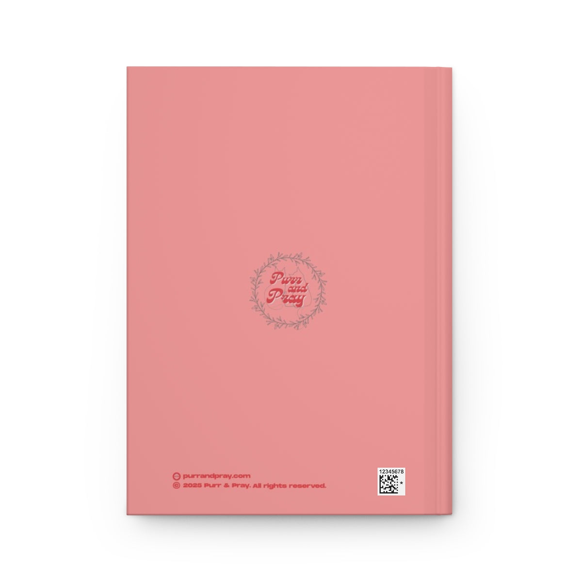 Back cover of A5 Christian journal with a white cat design created by Purr and Pray.