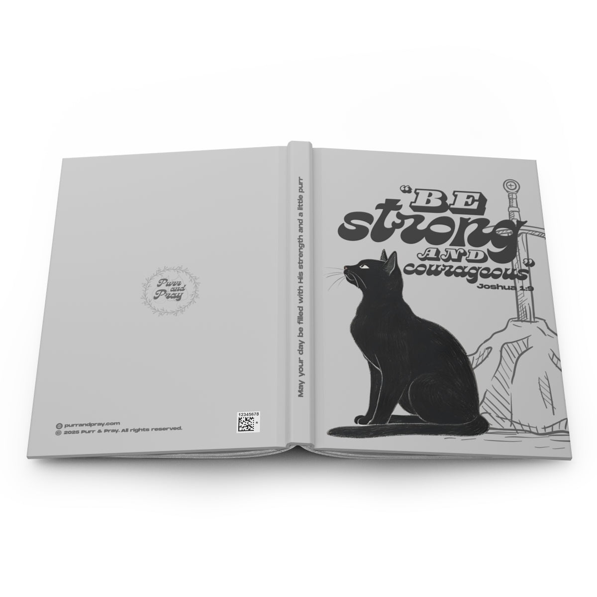 Open book with a black cat illustration and motivational text on a white background.