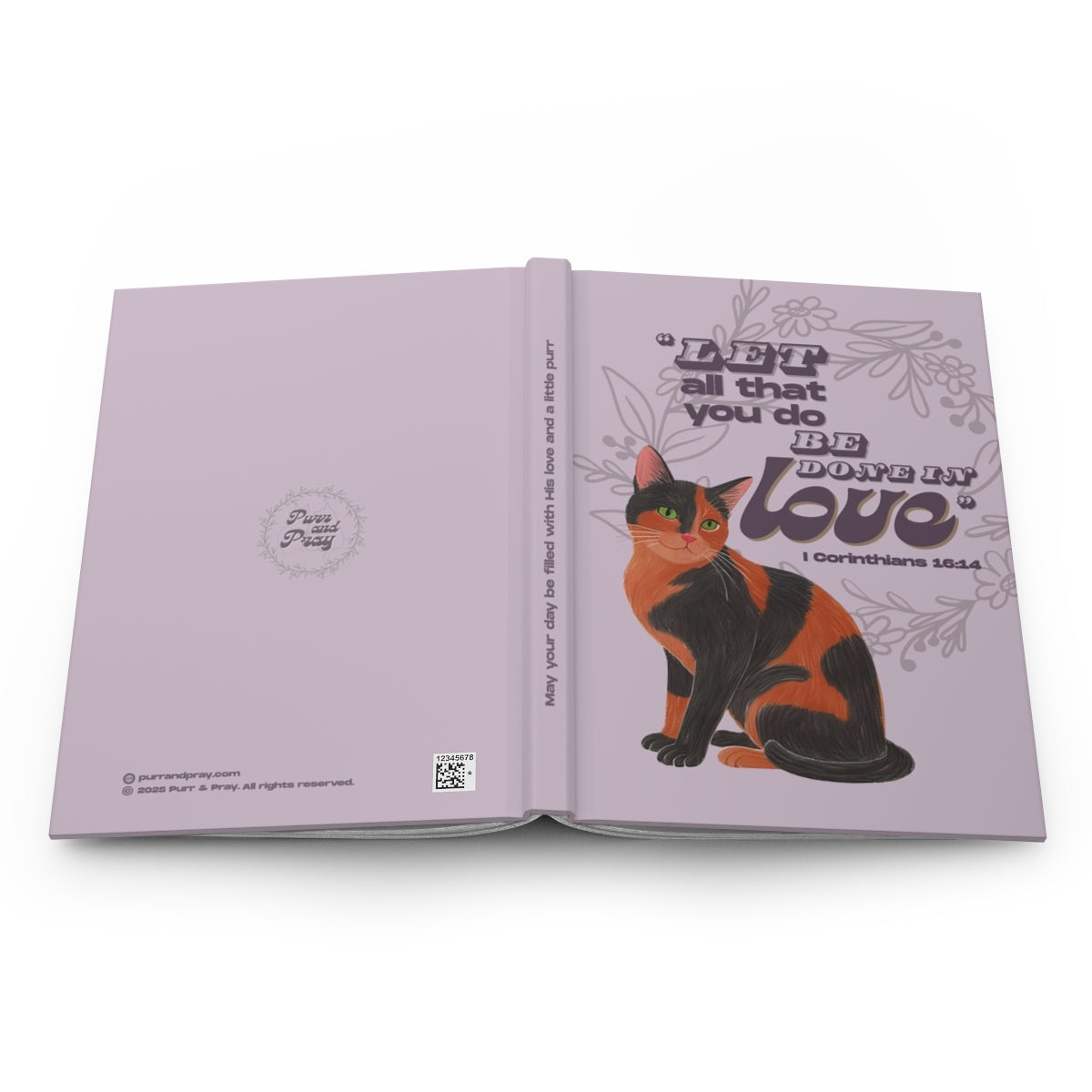 Open book with a tortosishel cat illustration and motivational text on a white background.
