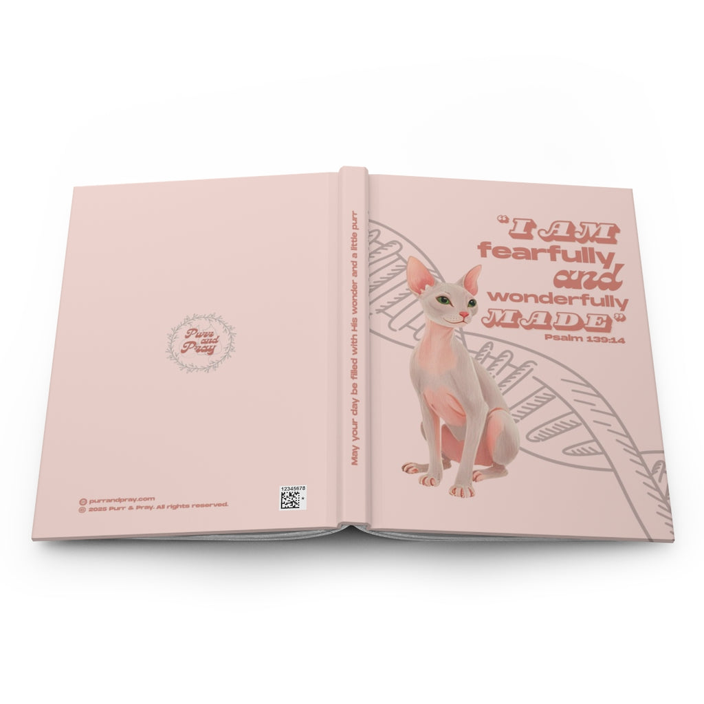 Open book with a sphynx cat illustration and motivational text on a white background.