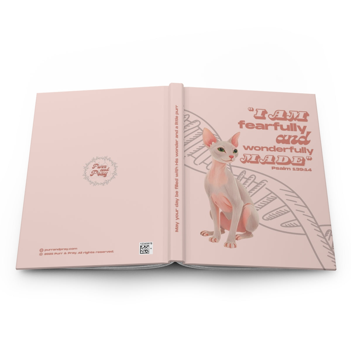 Open book with a sphynx cat illustration and motivational text on a white background.
