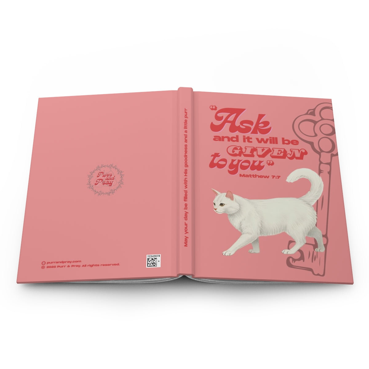 Open book with a white cat illustration and motivational text on a white background.