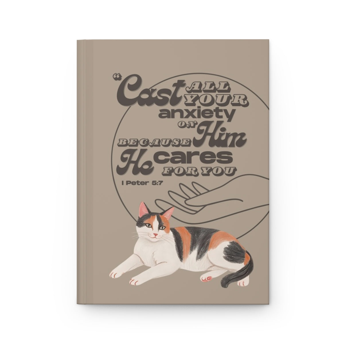 Front cover of A5 Christian journal featuring the Bible verse ‘Cast your anxiety on Him’ with a calico cat illustration.