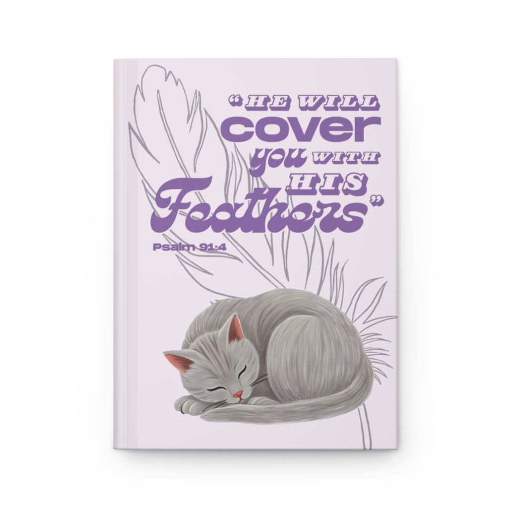 Front cover of A5 Christian journal featuring the Bible verse ‘He will cover you with His feathers’ with a gray cat illustration.