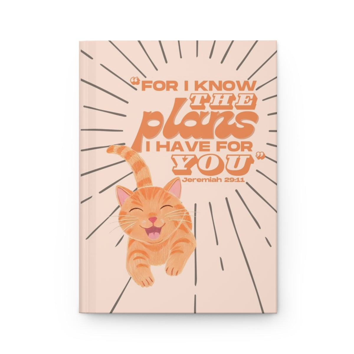 Front cover of A5 Christian journal featuring the Bible verse ‘For I know the plans I have for you’ with an orange tabby cat illustration.