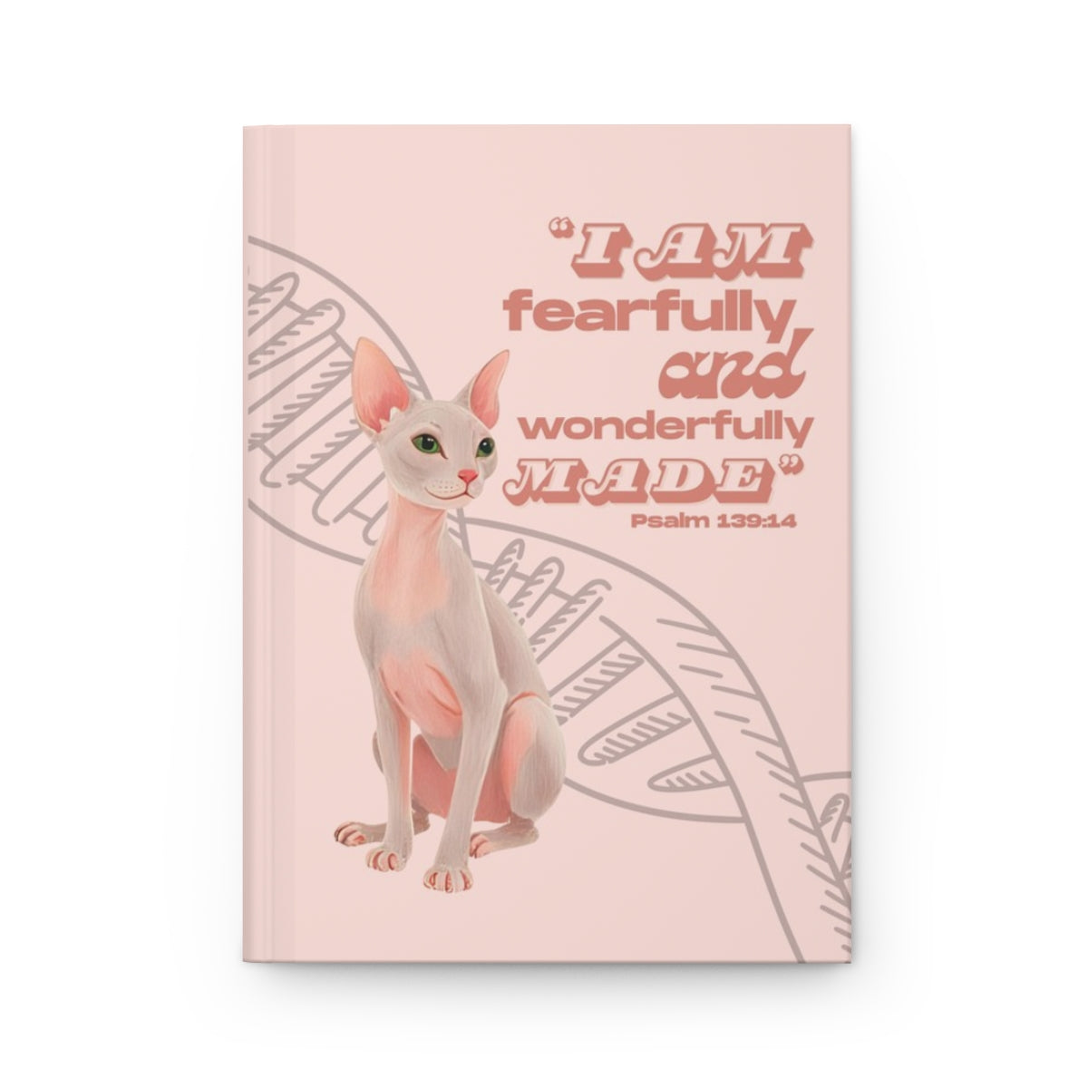 Front cover of A5 Christian journal featuring the Bible verse ‘I am fearfully and wonderfully made’ with a sphynx cat illustration.