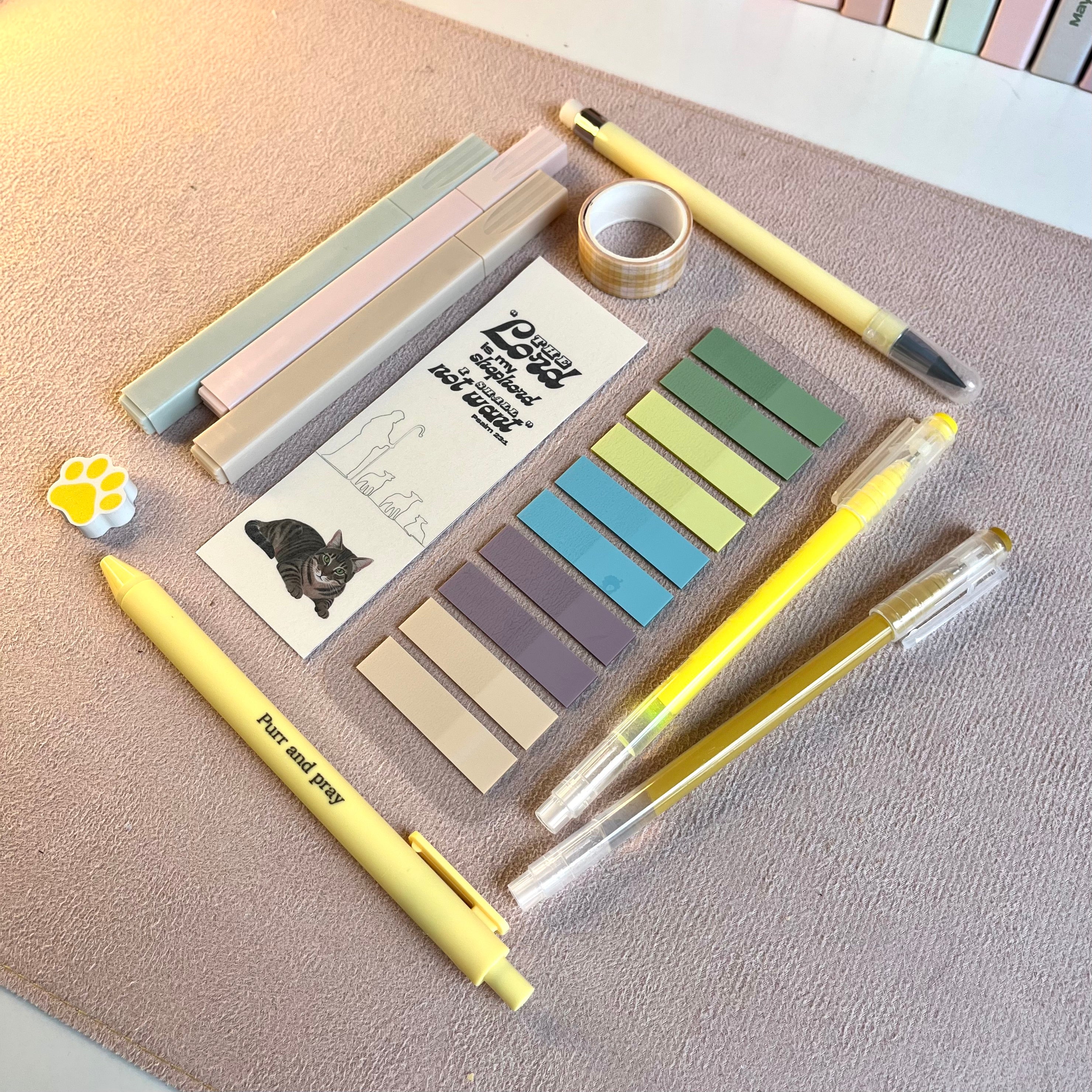 Yellow color christian stationery set with brown tabby cat bookmark.