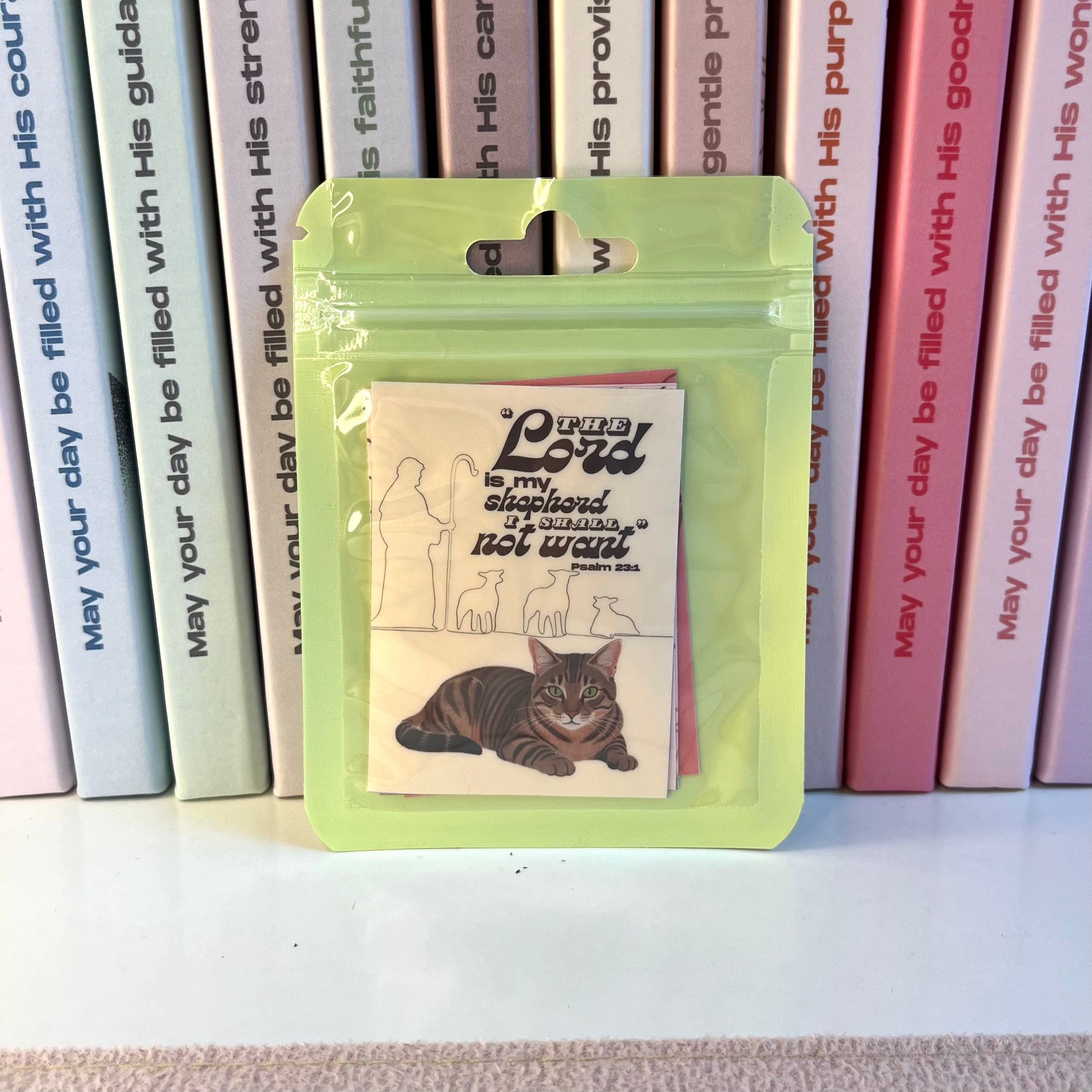 Packaged product with a cat illustration and text in front of books