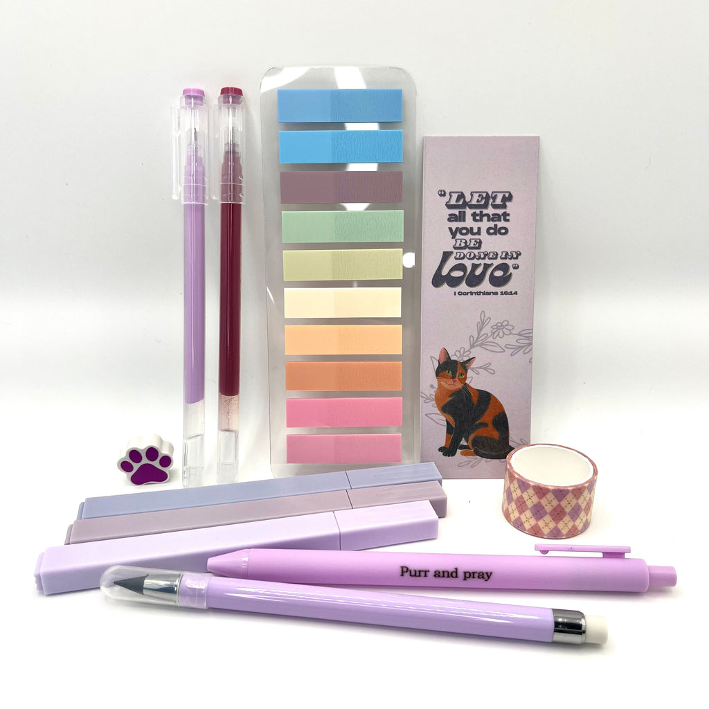 Christian stationery set including highlighters, gel pens, everlasting pencil, sticky notes, washi tape, bookmark, and eraser arranged neatly.