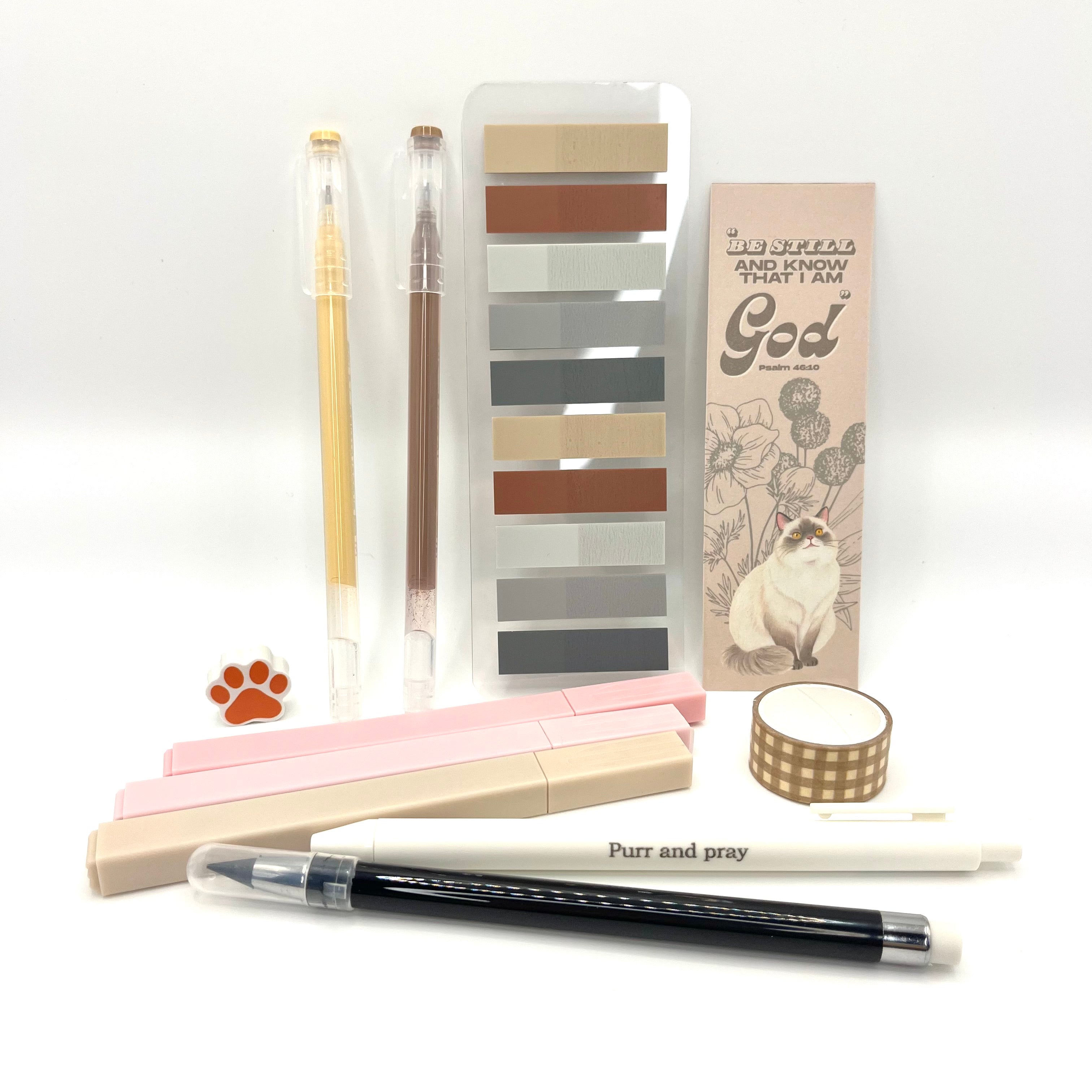 Christian stationery set including highlighters, gel pens, everlasting pencil, sticky notes, washi tape, bookmark, and eraser arranged neatly in beige color palette.