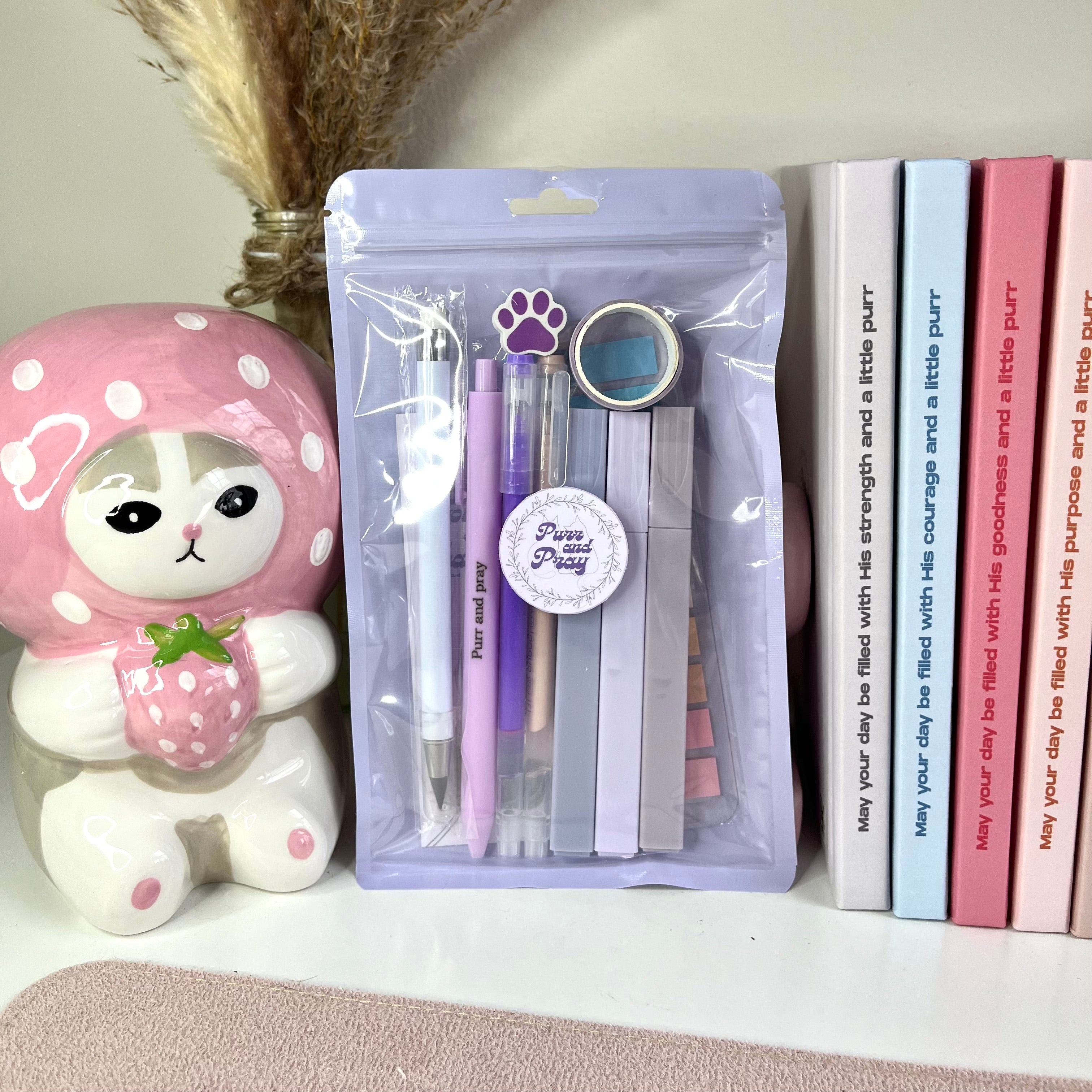 Set of stationery items in a clear plastic package on a shelf with a decorative cat figurine and books.