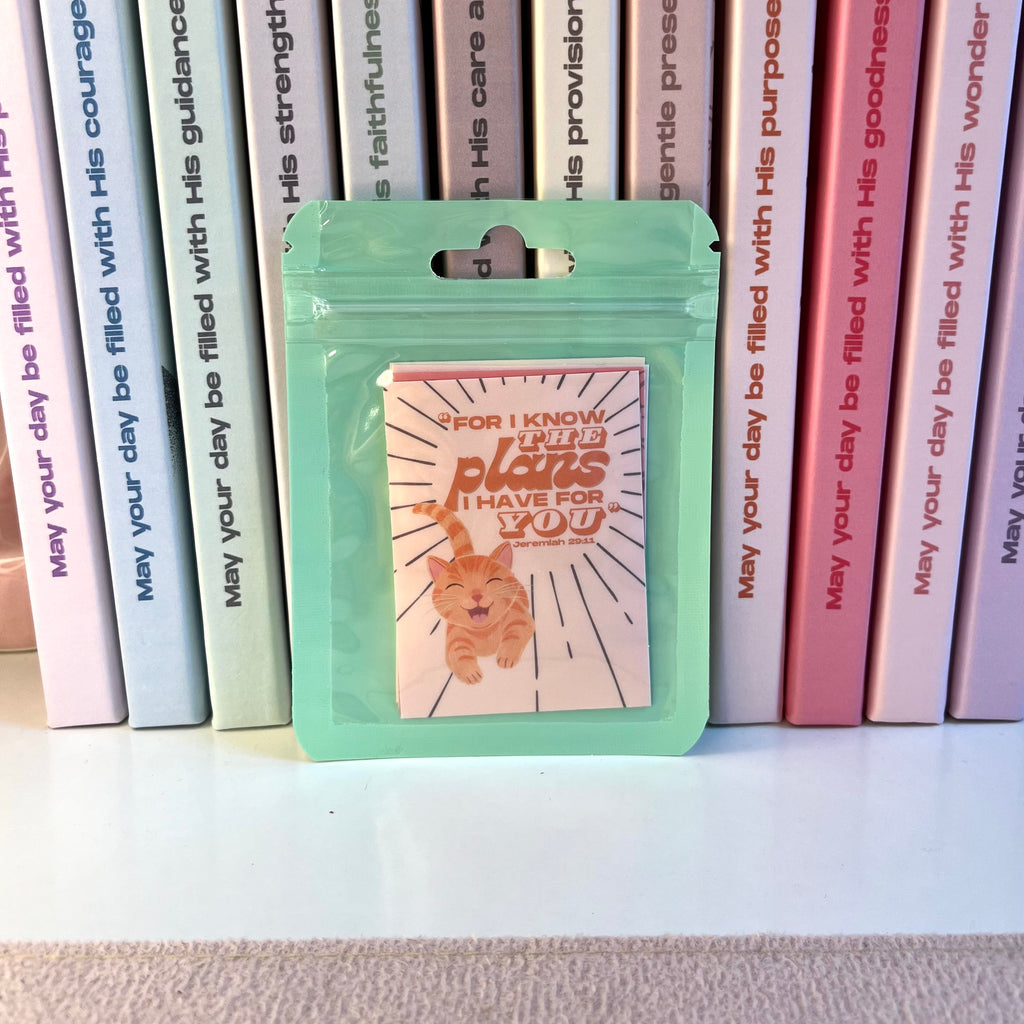 Packaged stickers with a cat illustration in front of books with motivational text.