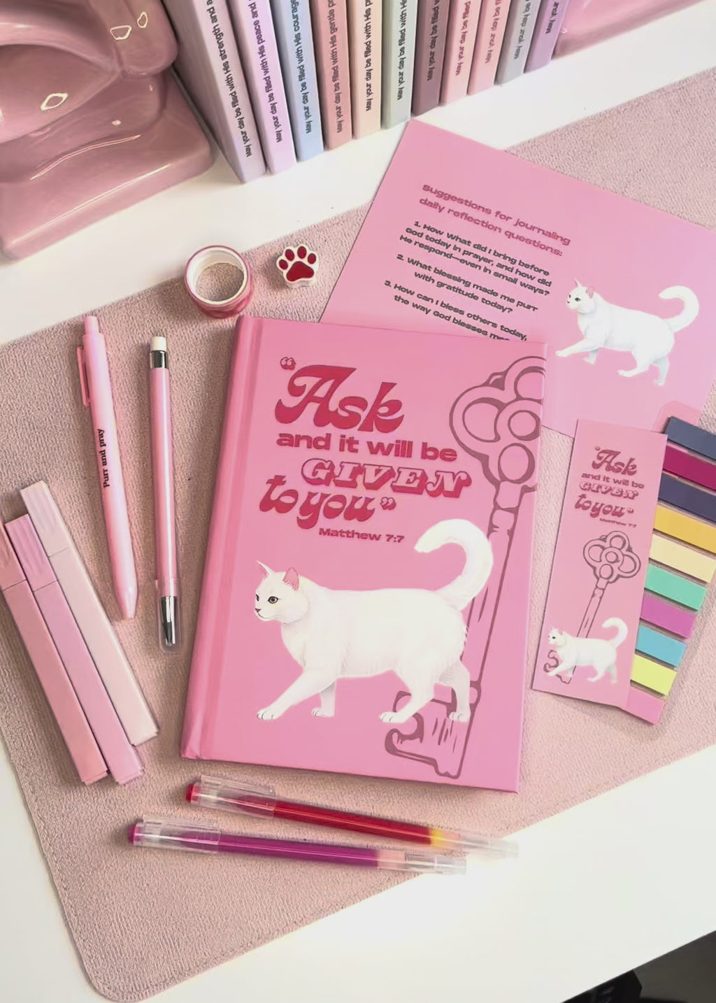 Matthew 7:7 Christian Cat Journal – A5 Hardcover Prayer Notebook White Cat