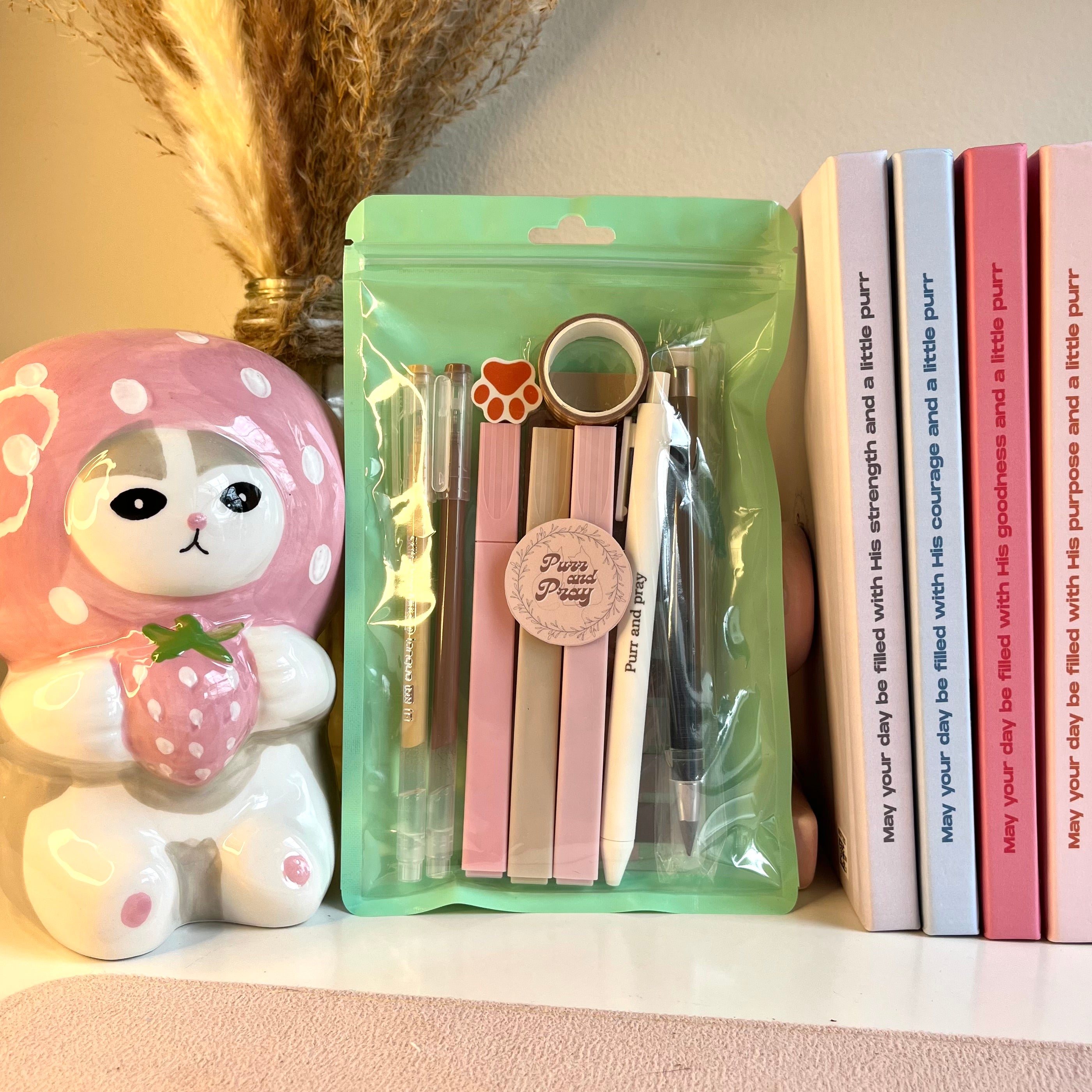 Set of pens in a green packaging with a cute animal figurine and books in the background