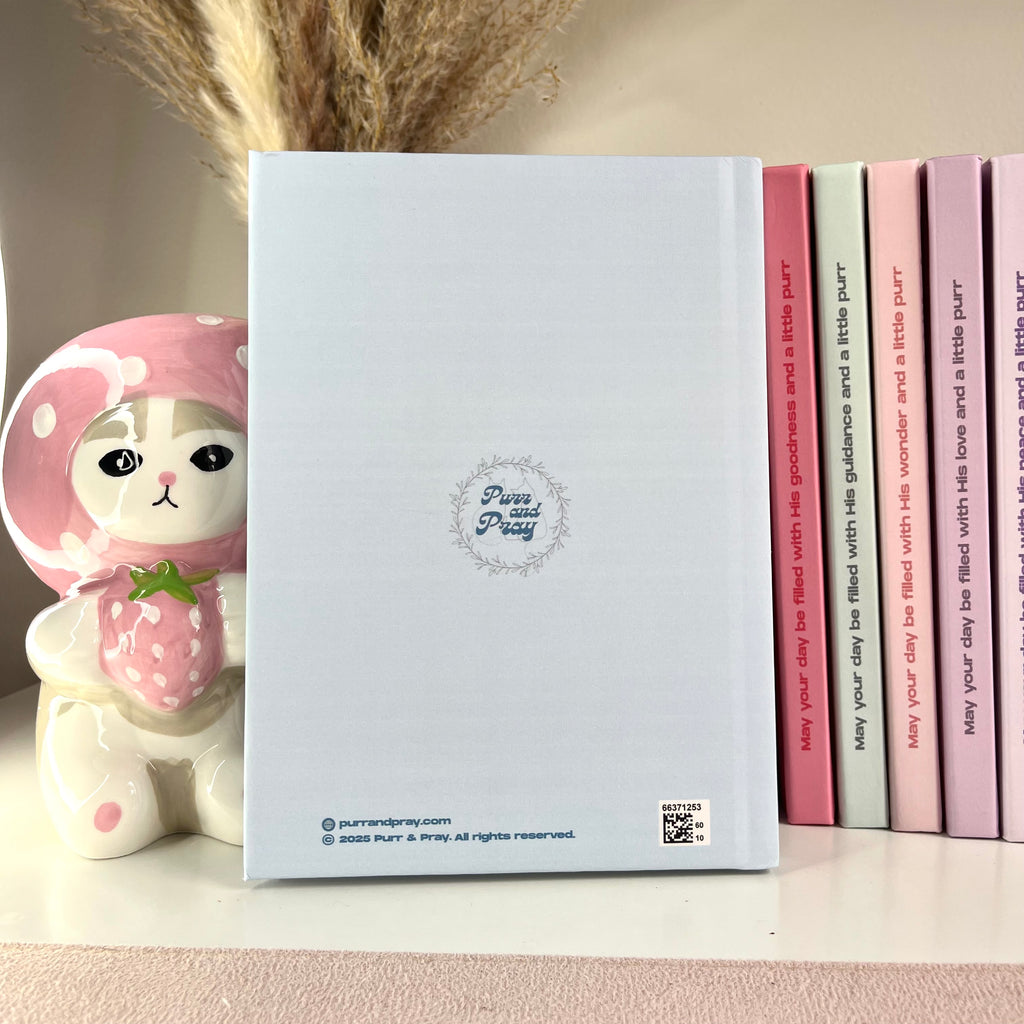Blue notebook with a cute character design on a shelf