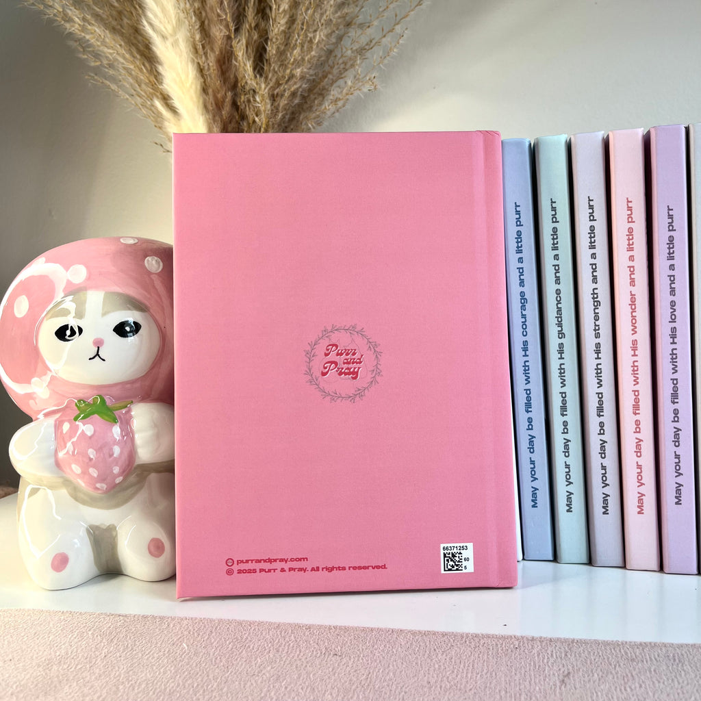 Back of a pink notebook with a cute character design on a shelf with books and decorative items.